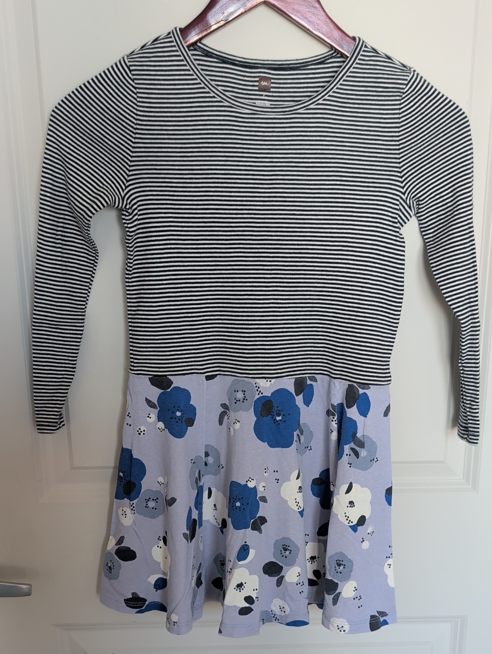 Tea Collection Black & White Striped Top with Blue Floral Skirt Dress